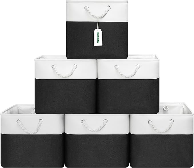 ECDYQXVU 13x13 Inch Cube Storage Bins with Reinforced Bottom Cardboard, 6 Pack Large Foldable Fabric Storage Cubes with Handles for Shelf, Closet, Laundry Organization (White&Black)