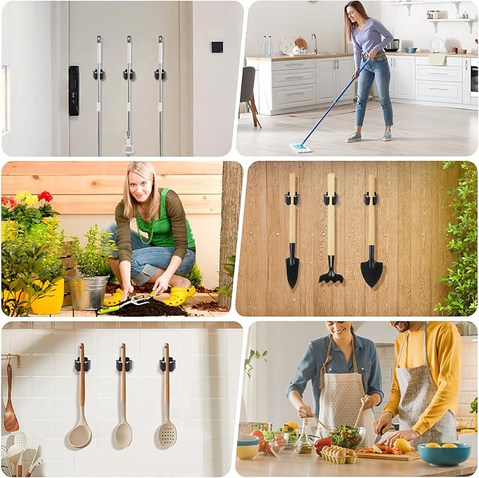 Yiows Broom Holder Wall Mount, 24PCS Broom Hanger Wall Mount, Stainless Steel Heavy Duty Mop Holder Broom Mop Hanger Wall with Screws, Garden Outdoor Tool Organizer Rack Broom Hanger (Black)