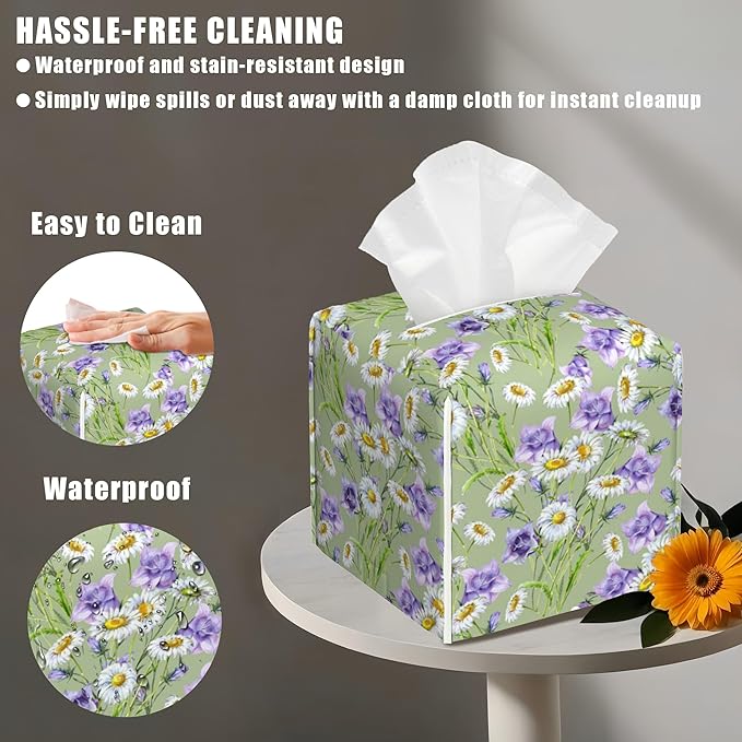 BLYKVGHQ Square Tissue Box Cover Chamomiles and Bell Flowers Tissue Box Holder Facial Cube Paper Dispenser Leather Decorative Organizer Home Office Desk Decor, 5.2"x5.2"x5.2"