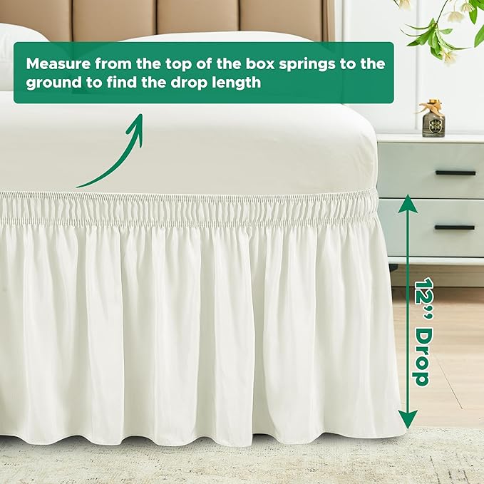 Biscaynebay Wrap Around Bed Skirts for Full & Full XL Beds Short Drop of 12", Ivory Adjustable Elastic Dust Ruffles Easy Fit Wrinkle Resistant Silky Luxurious Fabric Machine Washable