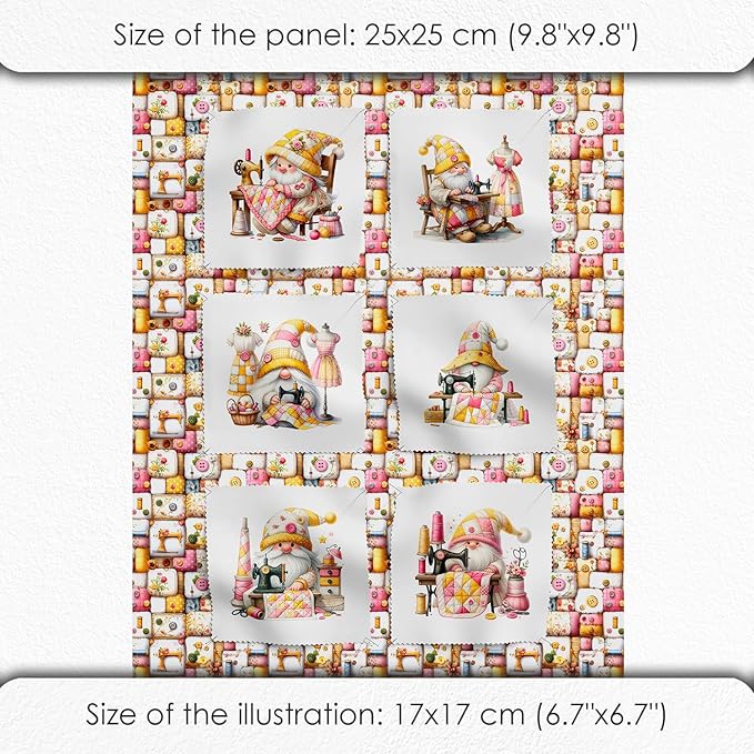 Cotton Fabric Panel – Single Continuous Patchwork Gnome Sewing Panel with 6 Printed Squares (9.8” x 9.8”), Bonus Patchwork Area 29.5” x 19.7” – 100% Cotton Satin Fabric for Quilting & Sewing Projects