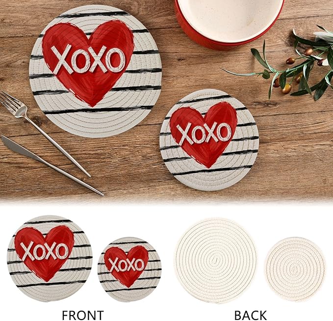 Heart XOXO Striped Love Trivet Mat 2PCS Round Woven Potholders Kitchen Table Countertop Protector Hot Pads Farmho
