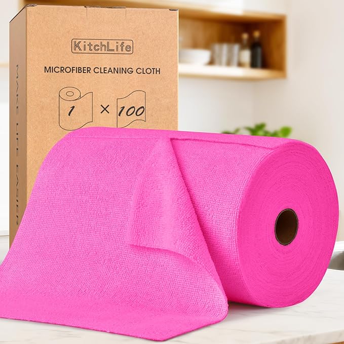 KitchLife Microfiber Cleaning Cloth Roll, 100 Pack - Tear-Away Microfiber Paper Towels, Lint-Free, Reusable, Washable for Kitchen, Car, Dishes, and Sensitive Surfaces (Hot Pink)