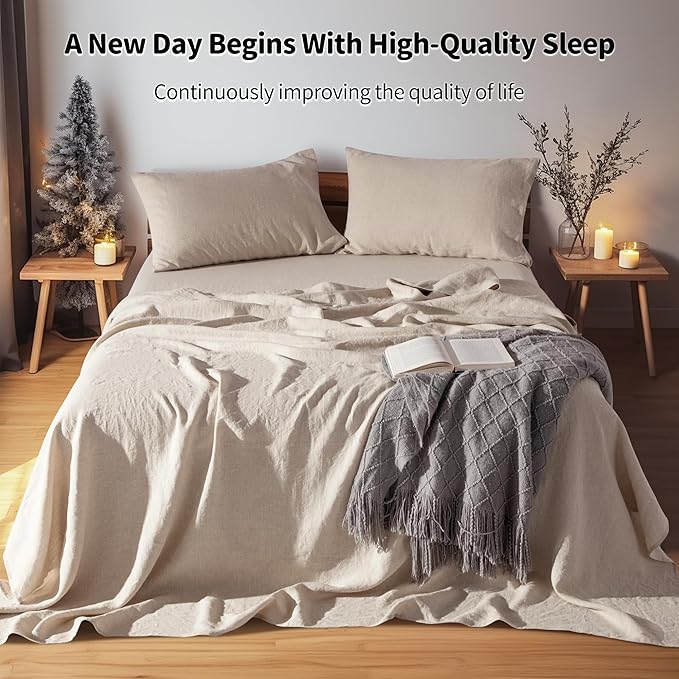 LBRO2M 100% Linen Sheet Set Full Size, Bed Sheets 4 Piece Sets, Solid Color Natural Flax Bed Sheets Soft Breathable Bedding,16" Deep Pocket,All Season (Full, Linen)