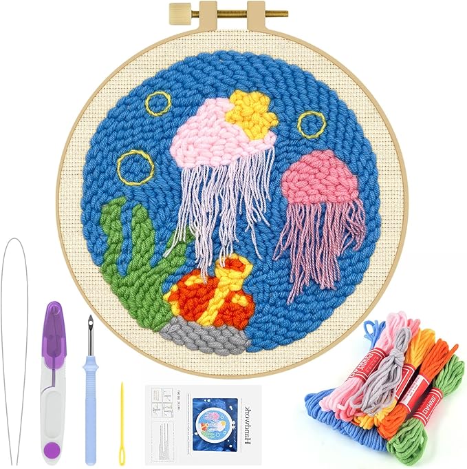 ERKOON Punch Needle Kit Adults Beginners, DIY Easy Ocean Embroidery Set for Starter Art Craft, Needling Punch Project with Patterns, Tools, Yarns, Hoop, Instruction (Jellyfish)