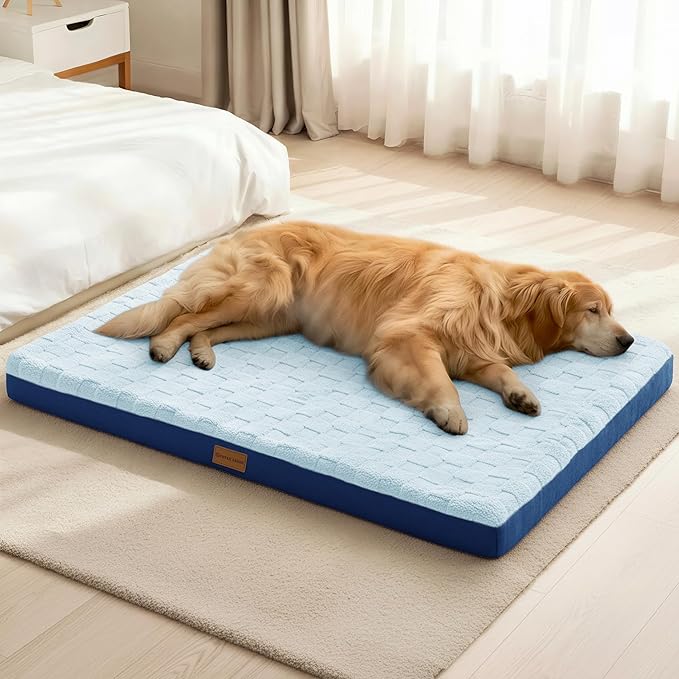 Patas Lague Orthopedic XL Dog Bed Large Sized Dog 48''X30'', Waterproof Soft Comfortable Egg Crate Foam Large Pet Beds Crate Mat with Removable Washable Cover and Nonskid Bottom, Blue