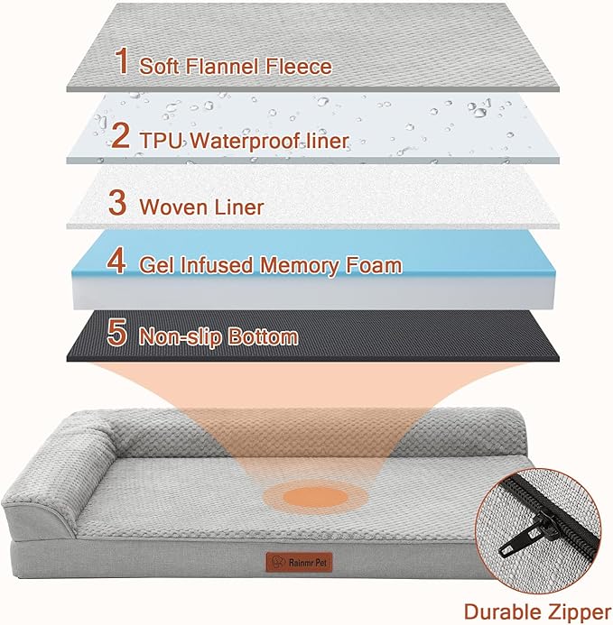 Rainmr Orthopedic Dog Beds for Large Dogs, Memory Foam Dog Beds Large Sized Dogs, Washable Removable Cover, Nonskid Bottom, Waterproof, for Indoor, Outdoor, Crate ＆ Car Use, 44x32x6 Inches, Light Grey