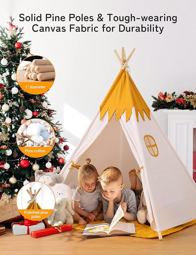besrey Teepee Tent for Kids with Light & Mat, Toddler Tents Indoor Play Tent Playhouse, Toddler Tipi Cotton, tee Pee Tents for Kids Indoor, Boys & Girls Teepee (Yellow, Padded mat)