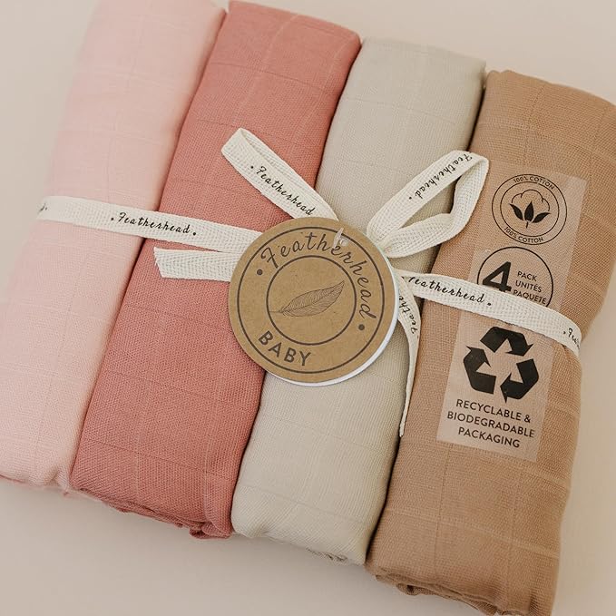 Featherhead™ 100% Cotton Muslin Swaddle Blankets for Baby Girl - Large 47”x 47” - Pre-Washed, Soft, & Breathable - Newborn Essential & Perfect Baby Registry Gift (4 Pack - Pink Solids)