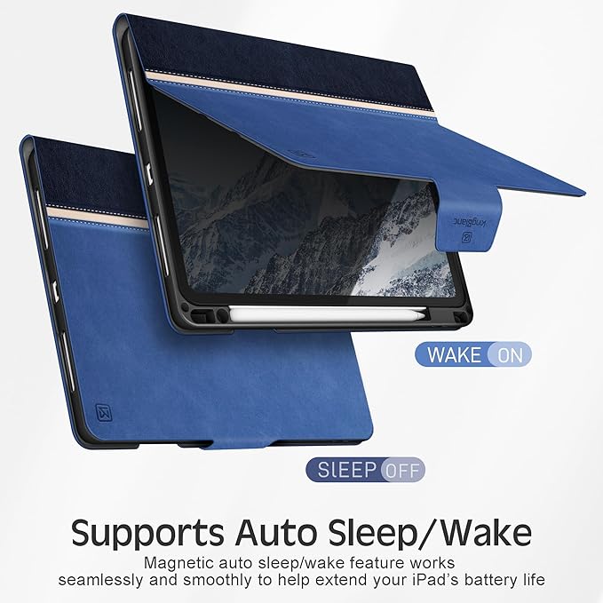 KingBlanc Case for iPad Air 13 inch (M3 2025/M2 2024) with Pencil Holder, Vegan Leather Protective Stand Cover, Auto Wake/Sleep, Multi-Angles for Viewing/Drawing, Supports Pencil Pro/(USB-C), Blue