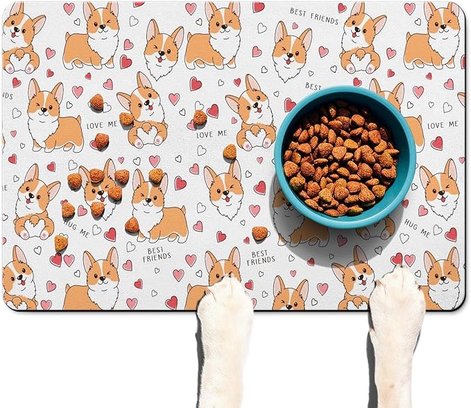 Corgi Dog Food & Water Mat, Pet Feeding Mat for Floor Non-Slip Waterproof, Super Absorbent Cat Bowl Mat, Easy to Clean Eco-Friendly Durable Pet Placemat,12" × 20"