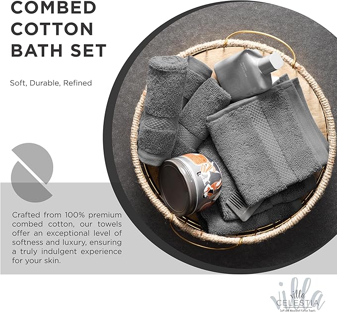 Villa Celestia 100% Cotton Bath Towel Set of 24-6 Bath Towels, 6 Hand Towels, 12 Wash Cloths, Sustainable, Soft, Highly Absorbent, Combed Cotton 24 Piece Set for Hotels, Spa, Bathroom, Dorm, Grey