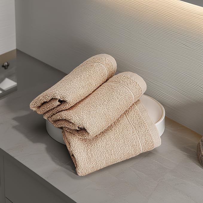 Tens Towels Pack of 60 Washcloths, 12 x 12 Inches, Lighter Weight, Quick to Dry, Super Soft & Absorbent, Gentle Face Towels, Hotel Quality, Perfect for Bathroom, Gym, Spa (Beige, 60 Pack)