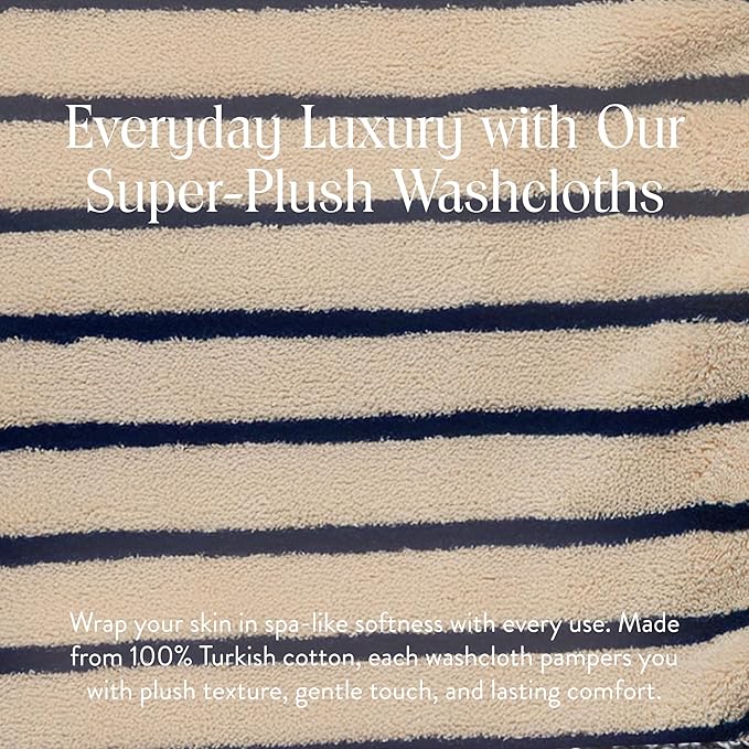 Brooklinen Super-Plush Turkish Cotton Washcloths - Set of 2 - Cotton, 820 GSM, Highly Absorbent, Machine Washable, Perfect for Home & Bathroom (13" x 13", Striped Navy)
