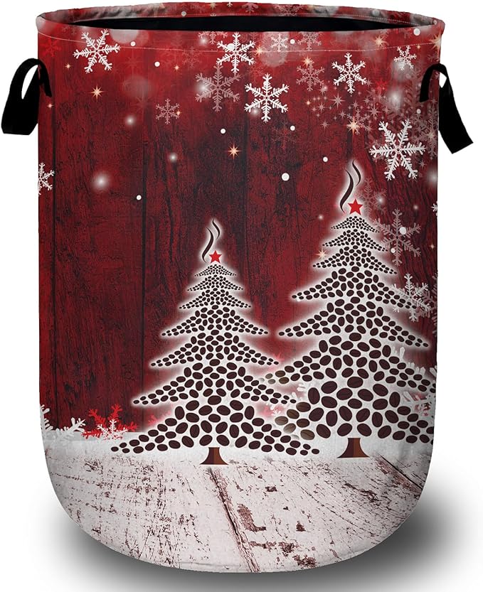 Coffee Bean Tree Laundry Basket with Sturdy Handles, Red Christmas Snowflake Collapsible Oxford Cloth Laundry Hamper Organizer Basket for Bathroom Bedroom 15.7x20 Inch