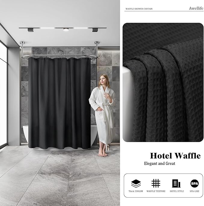 Awellife Waffle Hotel Textured Black Shower Curtains for Bathroom 230 GSM Heavy Duty Fabric Liner, 36" W X 72" L Inch