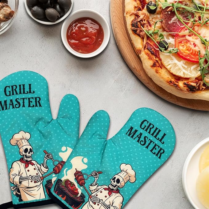 2 Pack Funny BBQ Oven Mitts for Men, Grill Master, Skeleton Heat Resistant Silicone Non-Slip Mitts, Christmas Birthday Gifts for Dad Husband, Grilling Gifts for Men Chef Friend BBQ Lovers