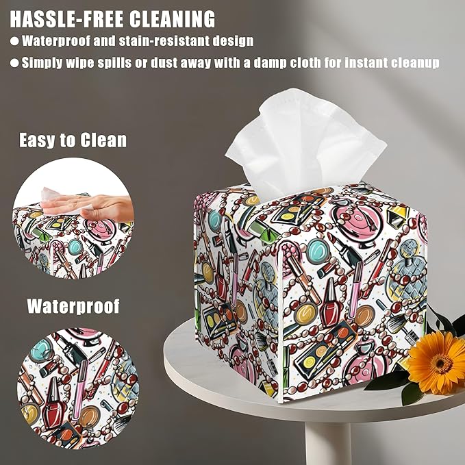 BLYKVGHQ Scattered Cosmetics Tissue Box Cover Square, Perfume and Lipstick Tissue Box Holder with Bottom Belt Leather Facial Paper Organizer Dispenser for Bathroom Bedroom Dresser Night Stand Tabletop