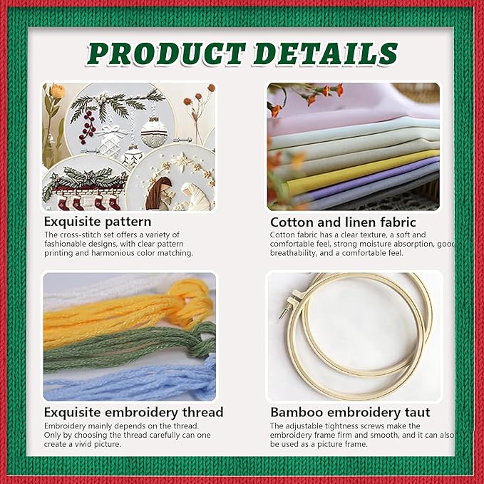 QBQBQ 4 Sets Embroidery Kits for Beginners, Cross Stitch Kit with Videos, Patterns, Needles, Threads, Bamboo Hoop & Supplies, Includes Winter Designs, Holiday Gifts & Home Decor Art (Christmas Kits A)