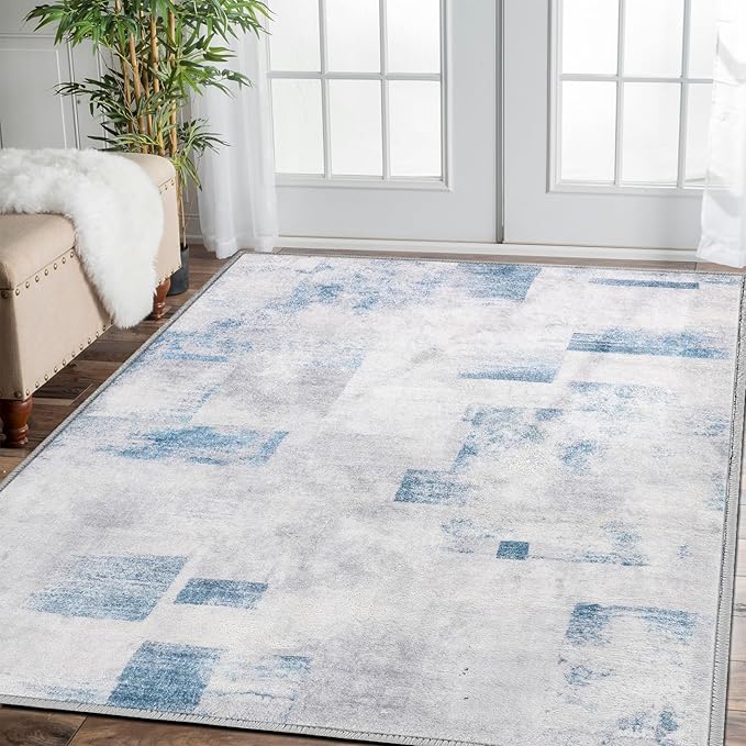 COMSLE Door Mat, Front Door Mat Indoor for Entrance Faux Wool Absorbent Non Slip Modern Throw Rug for Entryway Bedroom Muddy Paws - Pet Friendly, 36x60 Inches,Square Blue Machine Washable