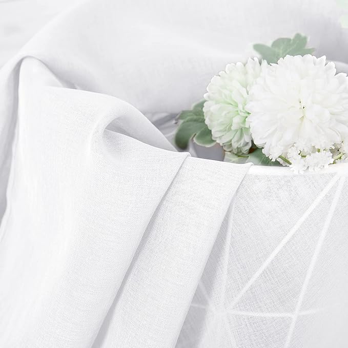 Tollpiz Short Sheer Curtain Linen Textured Bedroom Curtains Sheer Light Filtering Rod Pocket Voile Curtain for Living Room, 54 x 54 inches Long, White, Set of 2 Panels