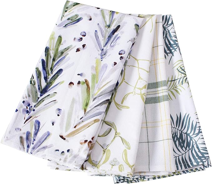 ACCENTHOME Cotton Multipurpose Kitchen Towel Set of 4 - Absorbent Bar & Tea Towels | Leaf Garden Print - 20x28