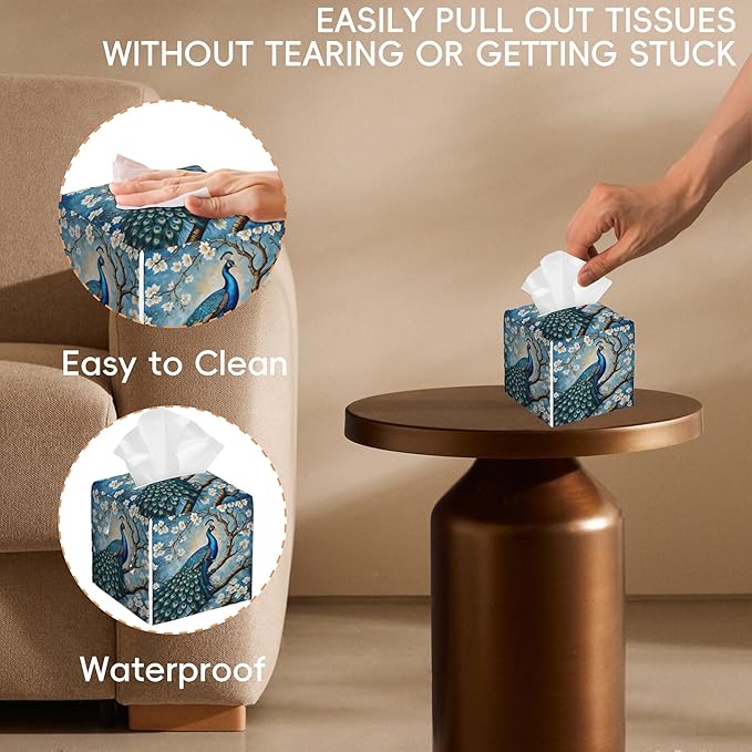 Tissue Box Cover Leather Tissue Box Holder Cube Tissue Case Cover Facial Paper Organizer Dispenser for Bathroom, Vanity Countertop, Office Desk (Peacock Perched on Branch with Flowers)