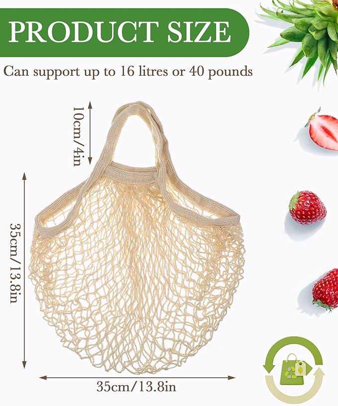 Eccliy 12 Pcs Reusable Mesh Grocery Bags Portable Cotton Produce Containers Washable Net Mesh Tote Bag Handle String Shopping(Beige)