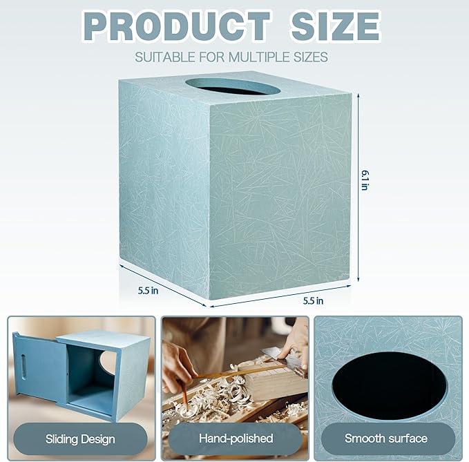 Tissue Box Cover Square, Blue Wooden Tissue Box Holder with Slide-Out Bottom, Decorative Cube Wall Mounted Tissue Holder for Desktop Nightstand Bathroom Office, Modern Farmhouse Home Decor