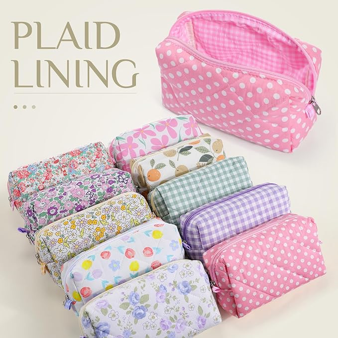 Paterr 10 Pcs Quilted Makeup Bag Bulk Cotton Floral Cosmetic Bag Women Girls Bridesmaid Gifts Cute Makeup Pouch Coquette Aesthetic Travel Toiletry Organizer(Gingham Floral,7.87 x 4.72 x 3.15 Inches)