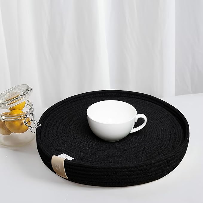 Art PineCone's Woven Cotton Rope Round Placemats Set of 4 with Holder Included, Non-Slip, and Heat Resistant Shabby Chic Placemats (Black, 13 inch)