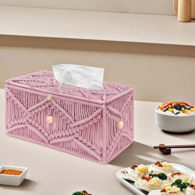 KaloKalo Handmade Tissue Box Cover Rectangle Decorative Macrame Boho Tissue Holder Cotton Rope Woven Napkin Facial Paper Organizer Bohemian Desk Storage Container with Buckle Wood Beads (Pink)
