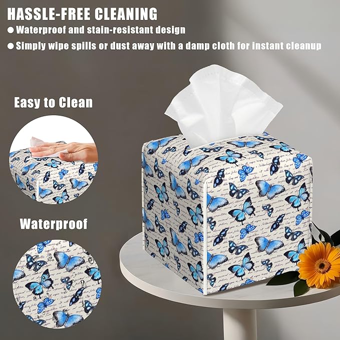 BLYKVGHQ Vintage Blue Butterfly Tissue Box Cover Square, Tissue Box Holder with Bottom Belt Leather Facial Paper Organizer Dispenser for Bathroom Bedroom Dresser Night Stand Tabletop