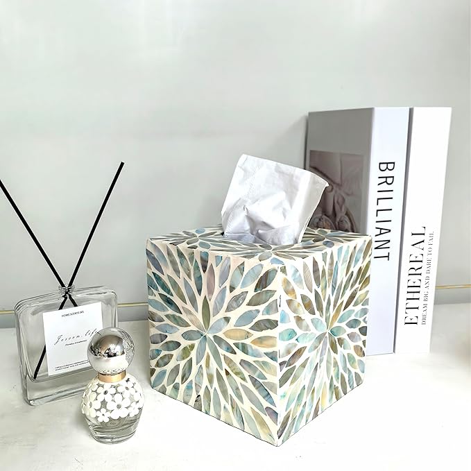 i-lan Mother of Pearl Cube Tissue Cover Box,Sea Pearl Shell Blue Flower Decorative Square Tissue Holder,5.9” Capiz Mop Napkin Box with Bottom Slider