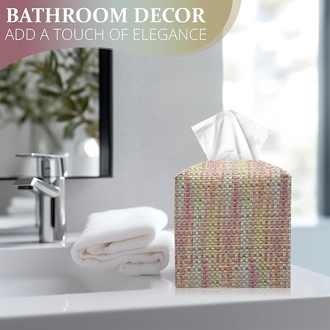 Azormi Tissue Box Cover, PU Leather Square Tissue Box Holder with Woven Pattern, Cube Tissue Box Covers with Bottom Belt, Perfect Decorative Organizer for Tabletop, car, Office, Bathroom, 5 x 5 x 5
