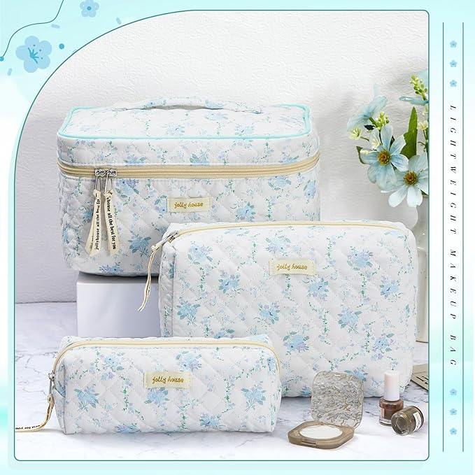 Zeyune 3 Pcs Makeup Bag Quilted Cosmetic Bags Large Floral Makeup Bag Set for Women Cotton Flower Travel Toiletry Storage Cute with Zipper for Women Mom Birthday Gift Home Bathroom(Peony)