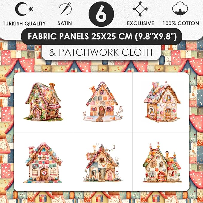 Patchwork Fairy Cottage Cotton Fabric Panel – 6 Designs (10×10 inch Each) + Bonus Sheet 29.5×19.6 inch, 100% Cotton 140 GSM, Made in Türkiye