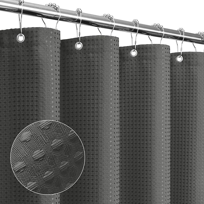 Gibelle Long Shower Curtain 72 x 78, Tall Waffle Weave Textured Fabric Shower Curtain for Bathroom, Water Repellent, Machine Washable, Charcoal Grey