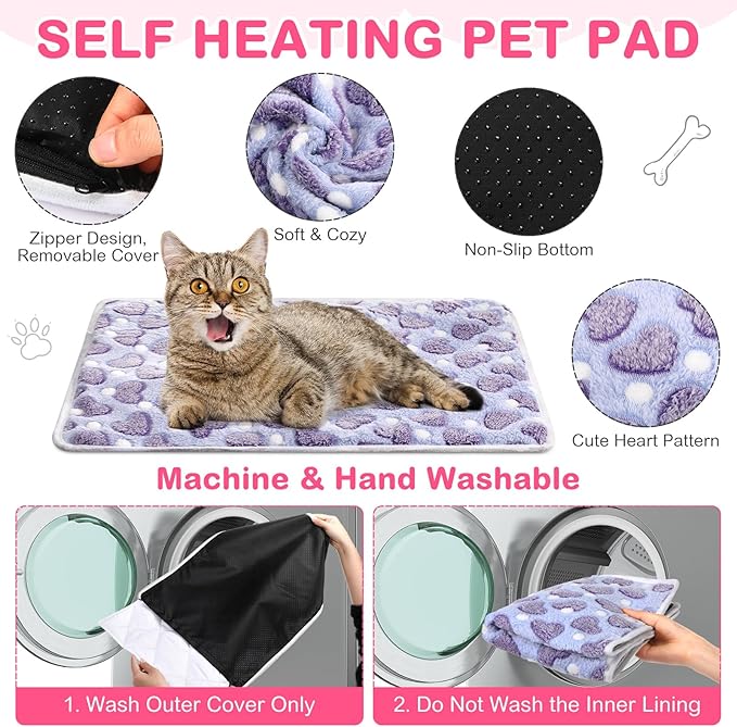 Clysee 4 Pack Self Heating Cat Bed Cat Self Warming Pad with Removable Cover Extra Warm Thermal Pet Pad Washable Pet Crate Mat Anti Slip Kennel for Indoor Outdoor Pets(Heart,16 x 20 Inches)