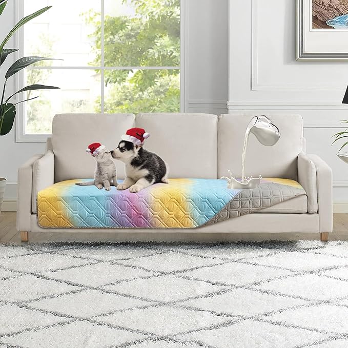 Topthumbs 100% Waterproof Dog Bed Cover 30x70 inch Reversible Changing Pad Reusable Camping Mat for Kids/Pet/Dog/Cat Washable Geometric Embroidery Blanket Patchwork Rainbow Ombre Printed+Gray