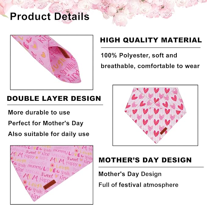 ADOGGYGO Mothers Day Dog Bandanas, Reversible Pink Pet Scarf, Premium Durable Fabric, Adjustable Fit Holiday Bandanas for Large and Extra Large Dogs Pets (X-Large)