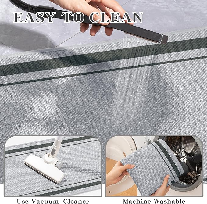 chakme 3 Piece Bathroom Rug Set, Ultra Thin Bath Mat, Absorbent, Non Slip, Machine Washable, Light Grey, 17" x 24" / 17" x 30" / 17" x 59" Geometric Design