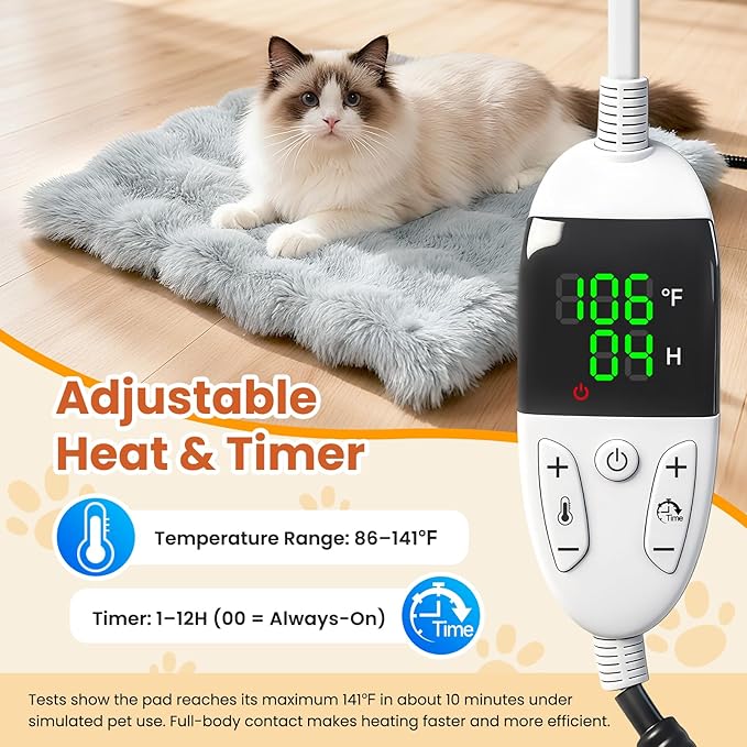 Littlo Kozytail Cat Heating Pad, Pet Heating Pad with Smart Thermostat, 12 Temp Levels & 0-12H Timer, Plush Fleece Cover with Zipper, Waterproof & Chew Resistant, 18x18in for Cats and Small Dogs