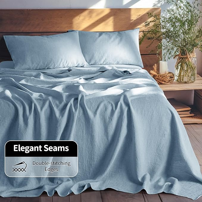 LBRO2M 100% Linen Sheet Set Queen Size,Bed Sheets 4 Piece Sets,Solid Color Natural Flax Bed Sheets Soft Breathable Bedding,16" Deep Pocket,All Season (Queen, Dusty Blue)