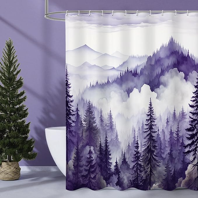 Litabel Purple Extra Long Misty Pine Forest Shower Curtain 72 x 84, XL Mountain Foggy Woodland Scenery Tree Shower Curtains for Bathroom, Abstract Waterproof Nature-Themed Decor