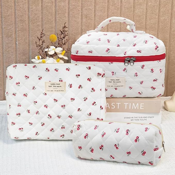 Cozomga Quilted Makeup Bag, Large Capacity Travel Cosmetic Bag for Women and Girls, Aesthetic Storage for Daily and Travel Use (3pcs-Cherry)