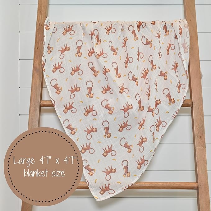 LollyBanks Muslin Swaddle Blankets, 100% Cotton Baby Swaddle Blanket for Boys and Girls, Large 47 x 47 Inches Newborn Swaddle, Soft and Breathable Baby Receiving Blankets, Registry (Monkey Print)