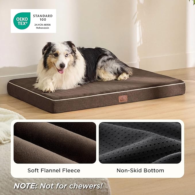 Bedsure Memory Foam Dog Crate Bed for Extra Large Dogs - XL Orthopedic Pet Beds with Removable Washable Cover and Nonskid Bottom - Plush Flannel Fleece Top Pet Mat, Brown
