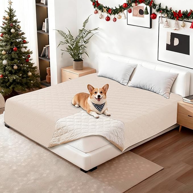 CYCMACO Waterproof Dog Blanket, Non-Slip Soft Pet Bed Cover, Couch Cover for Dogs Washable, Protects Sofa, Furniture, Crate, Car, Tear Resistant Leakproof Pet Blanket (52x82 Inch, Beige)