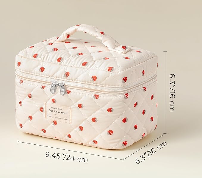 HBselect Christmas Gifts Large Quilted Makeup Bag, Cute Cotton Travel Makeup Bag with Handle, Portable Coquette Floral Make up Bags, Toiletry Organizer Make up Bags for Women Teen Girls Mom